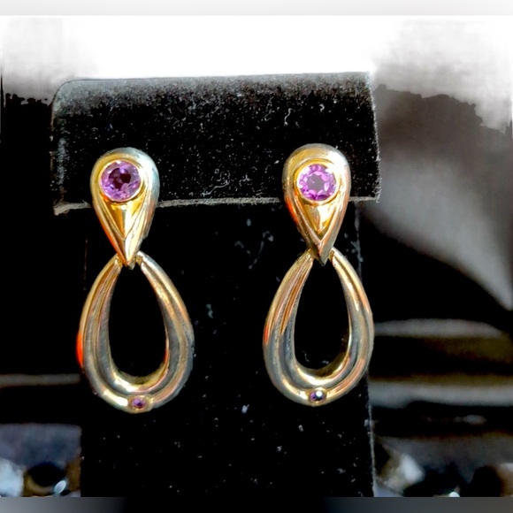 Elegant 14k Gold and Sterling Silver Amethyst Pierced Dangle Earrings - Picture 1 of 6